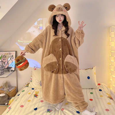 Khaki Bear Robe Long Plush Loungewear Set For Halloween Adults Costumes