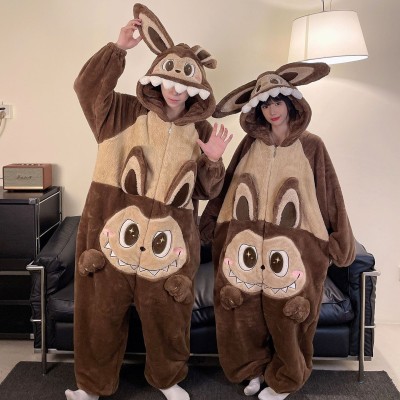 New Labubu Onesie Thick Coral Fleece Kigurumi Pajamas For Couples Halloween Costuems