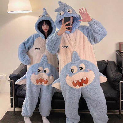 Light Blue Shark Hooded Onesie Pajama Thicked Kigurumi For Halloween Couple Costumes