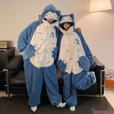 Pokemon Light Blue Snorlax Onesies Thickened Coral Fleece Pajama For Couples Halloween Costumes