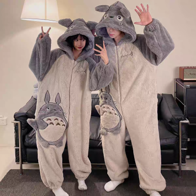 Light Gray Totoro Hooded Thicked Onesie Pajama For Couples Matching Halloween Costumes