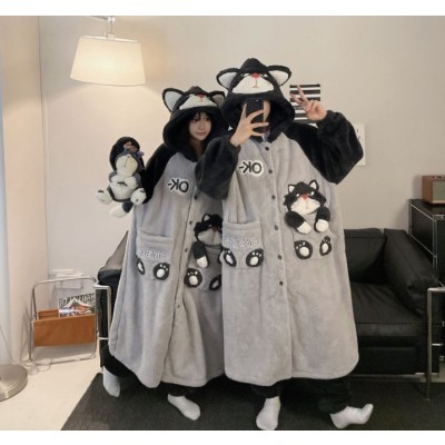 Lucifer Cat Loungewear Robes Long Plush Hooded Pajama For Halloween Couple Costumes
