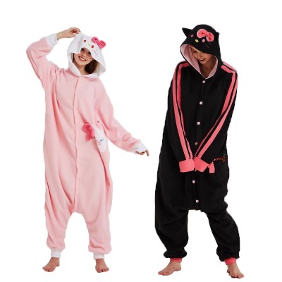Pink & Black New Hello Kitty Onesie For Group Adults Pajama Costume