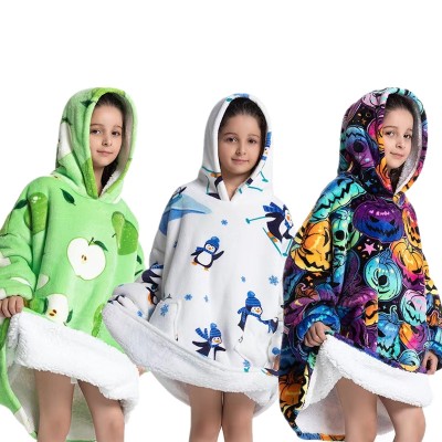 Kids Print Soft Flannel Hoodie Wearable Sherpa TV Blanket Sweatshirt