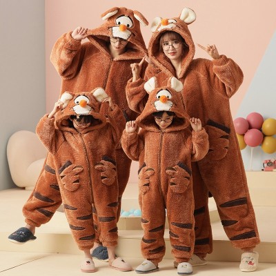 Brown Tiger Matching Family Christmas Pajamas Set Coral Fleece Holiday Kigurumi
