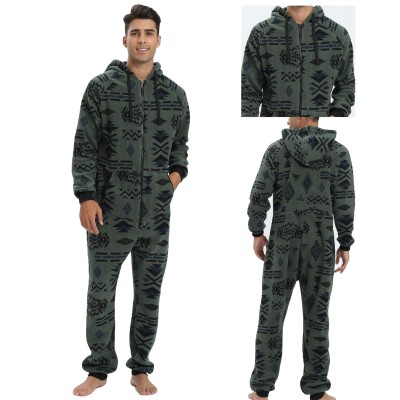 Dark Green Christmas Thickened Double-Sided Fleece Men's Hooded One-Piece Pajamas
