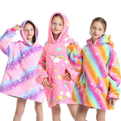 Kids Flannel Colorful Hoodie Wearable Sherpa TV Blanket Sweatshirt