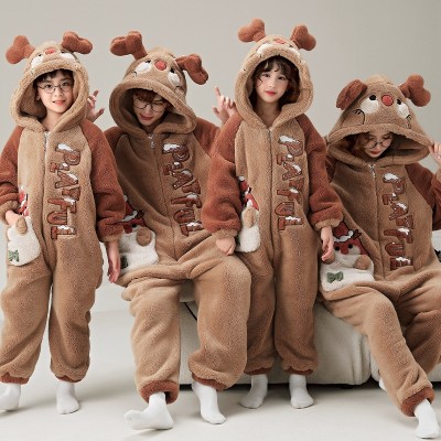 Christmas Deer Matching Family Pajamas Set Thick Coral Fleece Holiday Kigurumi