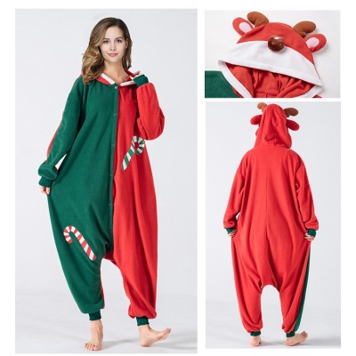 Green and Red Christmas Deer Kigurumi Onesie Pajamas Christmas Funny Costumes