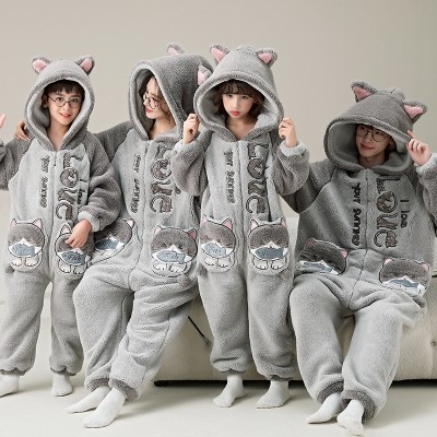 Cute Cat Matching Family Pajamas Set Thick Coral Fleece Christmas Holiday Kigurumi