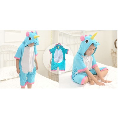 Blue Unicorn Cute Cartoon Hoodie Summer Onesie Pajamas Kigurumi For Kids