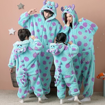 Cartoon Thick Sullivan Matching Family Christmas Pajamas Set Coral Fleece Holiday Kigurumi