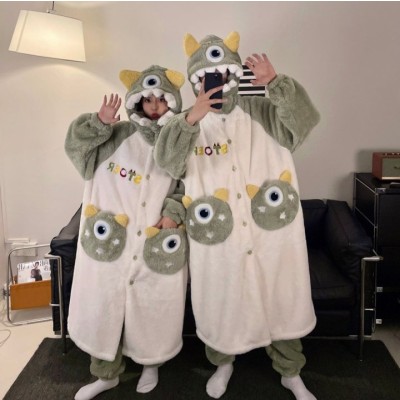 One-Eye Monster Couple Robes Long Plush Hooded Loungewear Set For Halloween Costumes