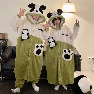 Lovely Panda Couple Robes Long Plush Hooded Loungewear Set For Hallowee Costumes