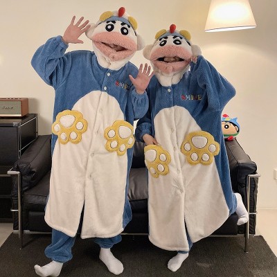 Pink-Lip Crayon Shin-chan Robe  Long Plush Hooded Loungewear Set For Matching Couples Hallowee Costumes