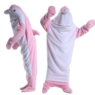 Pink Dolphin Wearable Hoodie Blanket For Adults & Kids  Soft Cozy Sleeping Bag