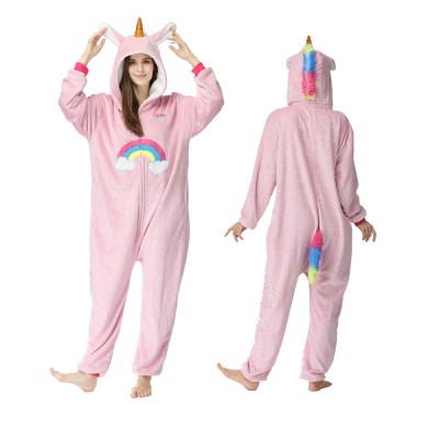 Pink Unicorn with Colorful Tail Kigurumi Onesie Pajama For Adult Halloween Costumes
