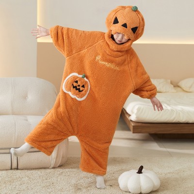 Pumpkin Kigurumi Hooded Onesie Thicked Coral Fleece Pajamas For Kids  Halloween Costumes