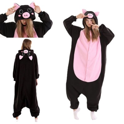 Black and Pink Pig Kigurumi Onesie Funny Animal Halloween Costume For Adult