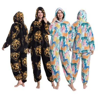 Adult Cartoon Onesie Pajamas Hooded Jumpsuit Sleepwear Zebra & Leopard Head Print