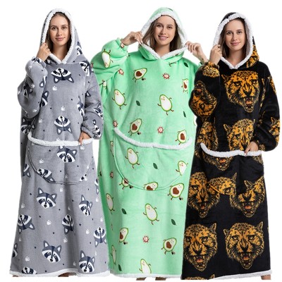 Lengthen Soft Flannel Cartoon Print Hooded Nightgown TV Blanket 