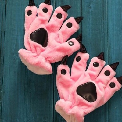 Pink Kigurumi Unisex Onesies Animal Paw Flannel Gloves