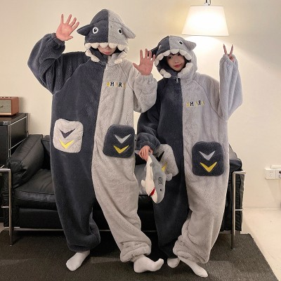 Gray Shark Hooded Coral Fleece Onesie Pajama For Couples Matching Halloween Costumes