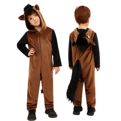 Kids Animal Costume Brown Horse Onesie Kugurumi Pajama Halloween Cos Coustume