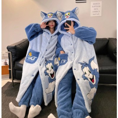 Tom Cat Robes Long Thickened Hooded Sleepwear Set For Halloween Couple Costumes