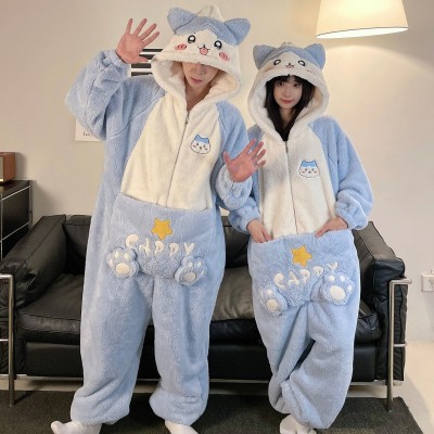Usa-King Funny Cat Coral Fleece Onesie Pajama For Matching Couples Halloween Costumes