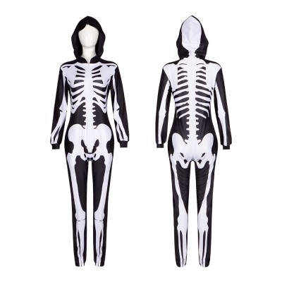White Skull Print Hooded Bodysuit For Halloween Women's Costume