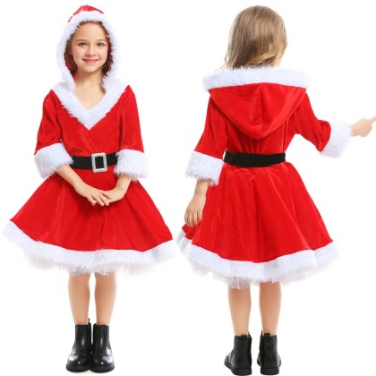 Christmas Girls Red Santa Puffy Dress For Christmas Party Suits
