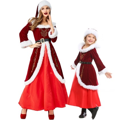 Matching Family Wine Red Long Dress Christmas Eve Dinner Party Outfit