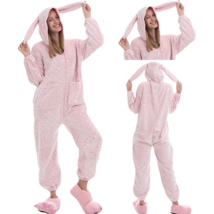 Pink Bronzing Rabbit Kigurumi Onesie Animal Pajama Costumes For Adult
