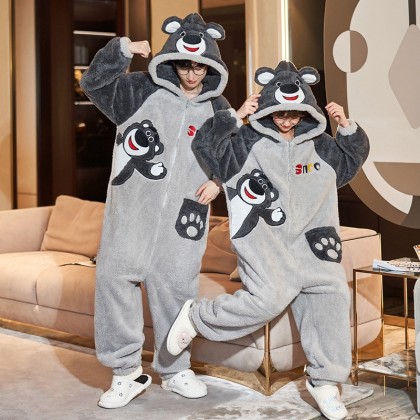 Grey Palm Bear Onesie Kigurumi Couples Matching Cartoon Thickened Cute Hoodie Pajamas 