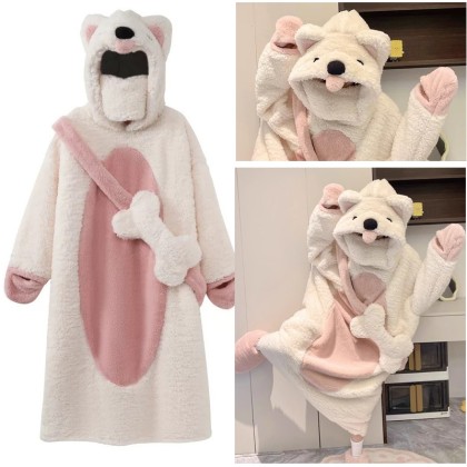 Cute Pink-Whitey Shiba Inu Plush Winter Thickened Coral Velvet Nightgown Pajamas For Adult