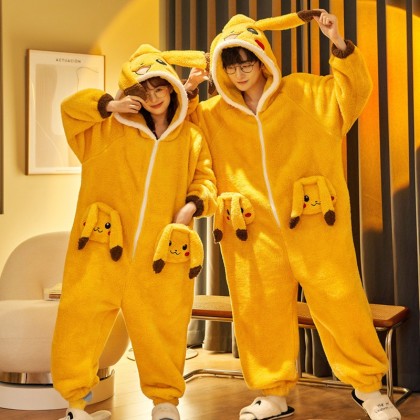 Cartoon Pokemon Pikachu Onesie Kigurumi Couples Matching Plus Thickened Cute Hoodie Pajamas 