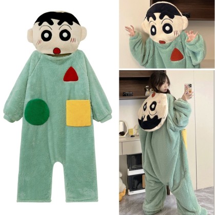 Cute Cartoon Crayon Shin-chanThickened Coral Velvet Nightgown Cartoon Hooded Pajamas TV Blanket