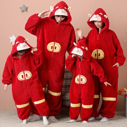 Red Pig Matching Family Pajamas Set Coral Fleece Christmas Holiday Outfit