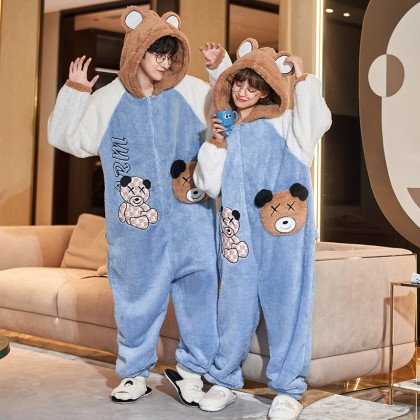 Couples Matching Cartoon Bear Onesie Kigurumi Plus Thickened Cute Hoodie Pajamas 