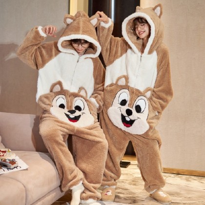 Couples Matching Brown Mouse Onesie Kigurumi Winter Thickened Cartoon Animal Hoodie Pajamas
