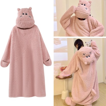 Adult Pink Hippo Thickened Coral Velvet Nightgown Cute Cartoon Hooded Pajamas TV Blanket