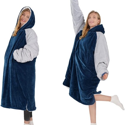 Gray-blue Splicing Flannel  Double Layer Casual Oversized TV Wearable Blankets For Couples