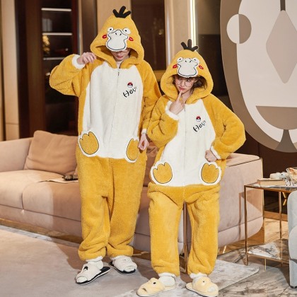 Cartoon Pokemon Psyduck Onesie Kigurumi Couples Matching Plus Thickened Cute Hoodie Pajamas 
