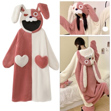 Coral Velvet Nghtgown Winter Funky Cartoon Couple Pajamas Cozy Hooded TV Blanket