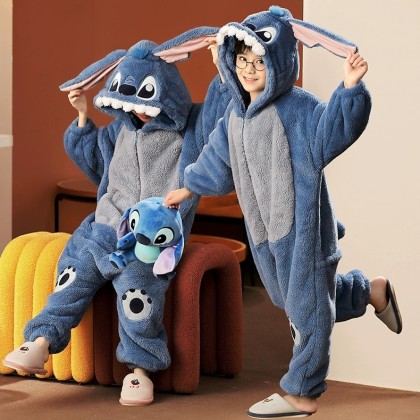Cute Stitch Onesies Pajama Kigurumi Thick Coral Fleece Cosplay Costumes For Kids