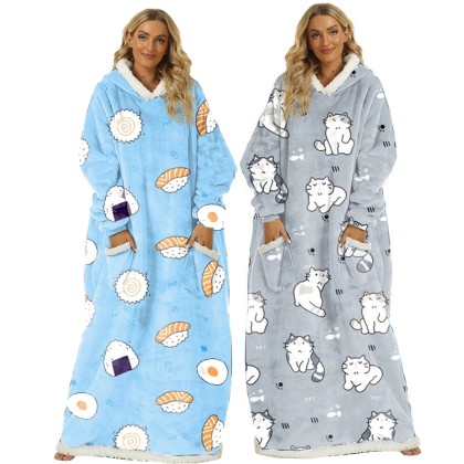 Blue Sushi & Gray Cat Lengthened Hooded Sweatshirt Cozy Pajamas TV Blanket For Adult
