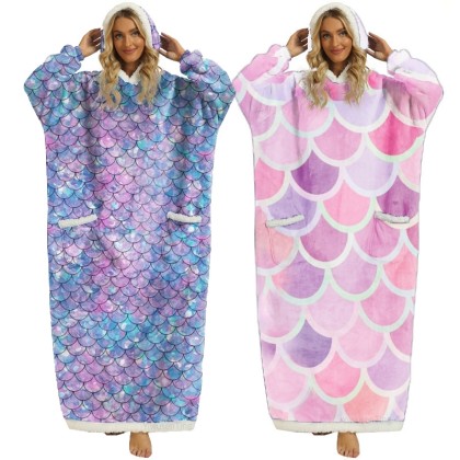 Lengthened Fish Scale Printed Lazy Blanket Casual Hooded TV Blanket