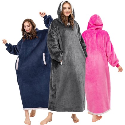 Solid Color Hooded Double Cozy TV Blanket Lengthened Hoodie Wearable Sweatshirt