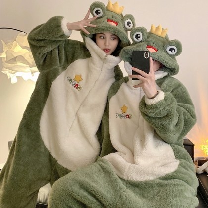 Couples Matching Cute Frog Onesie Kigurumi Winter Thickened Cartoon Animal Hoodie Pajamas 